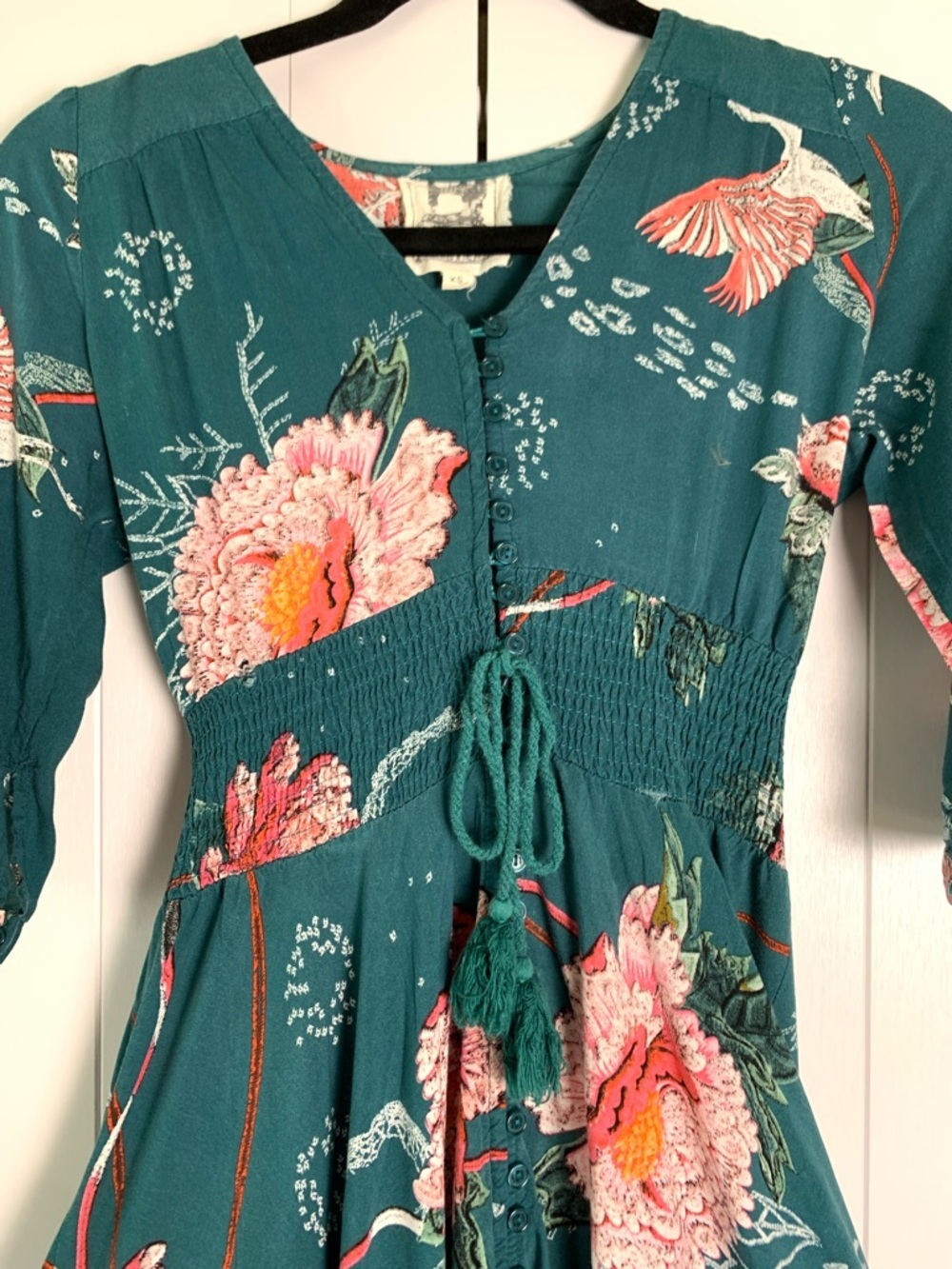 Jaase Maxi Dress XS Teal Floral Boho Autumn Wedding Guest Smocked V-Neck - Picture 4 of 16